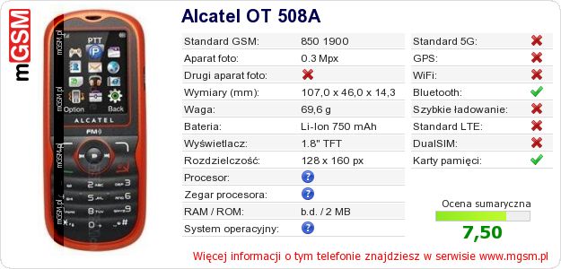 Dane telefonu Alcatel OT 508A