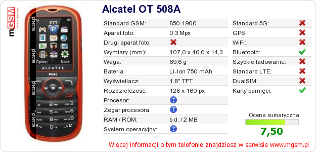 Dane telefonu Alcatel OT 508A