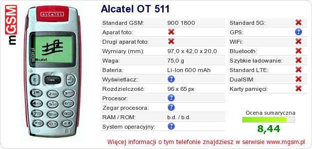 Dane telefonu Alcatel OT 511 Dane telefonu Alcatel OT 511