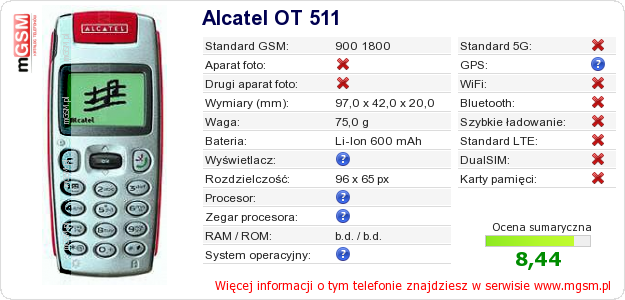 Dane telefonu Alcatel OT 511