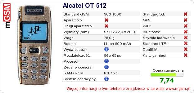 Dane telefonu Alcatel OT 512 Dane telefonu Alcatel OT 512