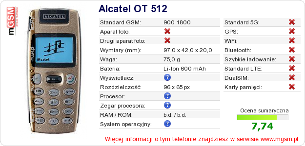Dane telefonu Alcatel OT 512