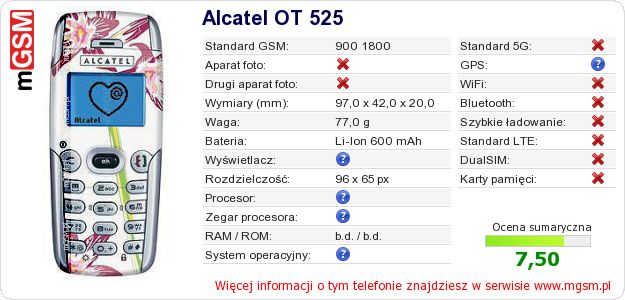 Dane telefonu Alcatel OT 525 Dane telefonu Alcatel OT 525