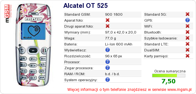 Dane telefonu Alcatel OT 525