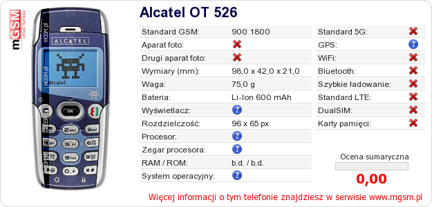 Dane telefonu Alcatel OT 526