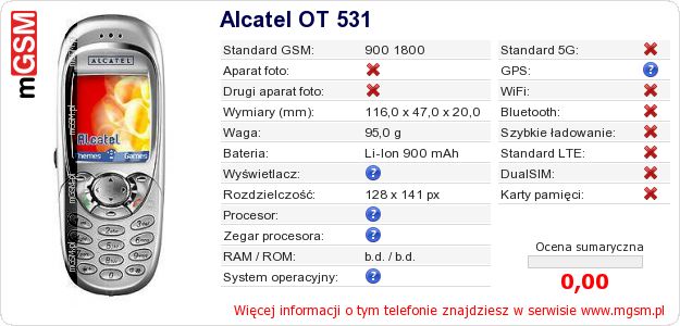 Dane telefonu Alcatel OT 531 Dane telefonu Alcatel OT 531