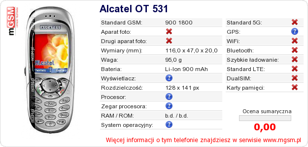 Dane telefonu Alcatel OT 531