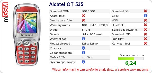 Dane telefonu Alcatel OT 535
