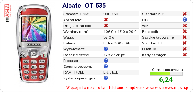 Dane telefonu Alcatel OT 535