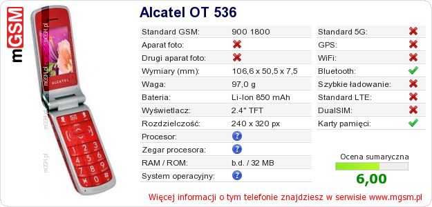 Dane telefonu Alcatel OT 536 Dane telefonu Alcatel OT 536