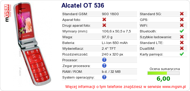 Dane telefonu Alcatel OT 536 Dane telefonu Alcatel OT 536