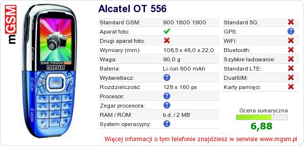 Dane telefonu Alcatel OT 556