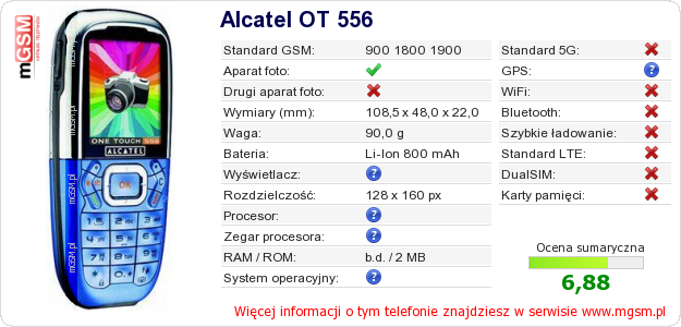 Dane telefonu Alcatel OT 556