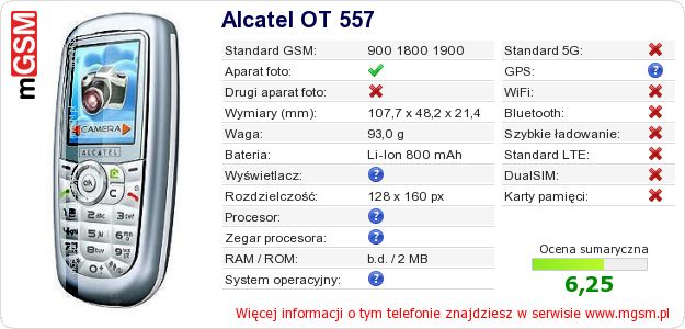Dane telefonu Alcatel OT 557 Dane telefonu Alcatel OT 557
