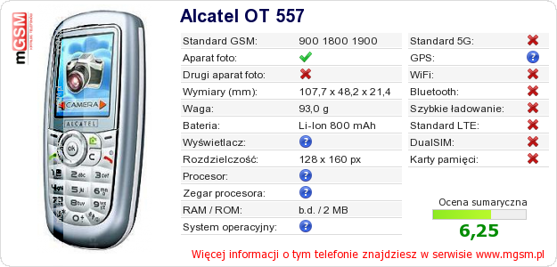 Dane telefonu Alcatel OT 557