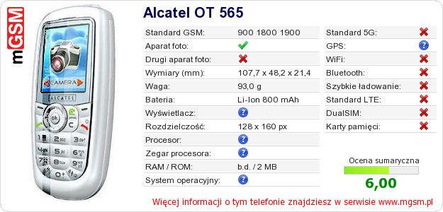 Dane telefonu Alcatel OT 565