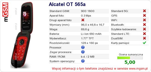 Dane telefonu Alcatel OT 565a