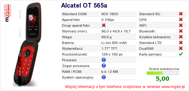 Dane telefonu Alcatel OT 565a