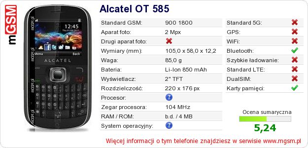 Dane telefonu Alcatel OT 585 Dane telefonu Alcatel OT 585