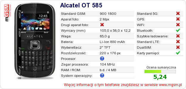 Dane telefonu Alcatel OT 585 Dane telefonu Alcatel OT 585
