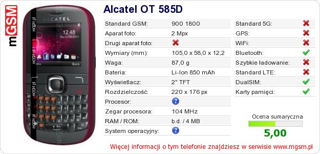 Dane telefonu Alcatel OT 585D