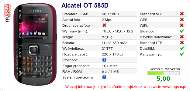 Dane telefonu Alcatel OT 585D