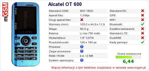 Dane telefonu Alcatel OT 600 Dane telefonu Alcatel OT 600