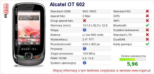 Dane telefonu Alcatel OT 602