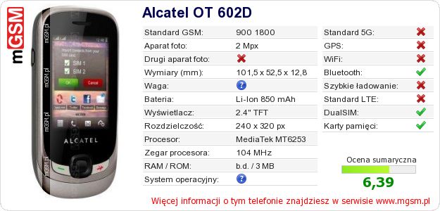 Dane telefonu Alcatel OT 602D Dane telefonu Alcatel OT 602D
