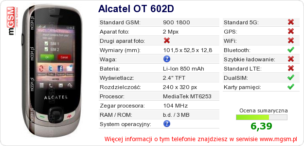 Dane telefonu Alcatel OT 602D