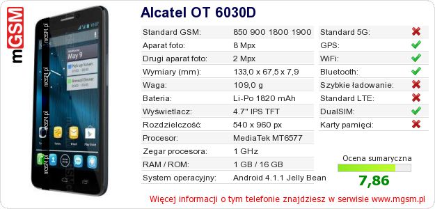 Dane telefonu Alcatel OT 6030D