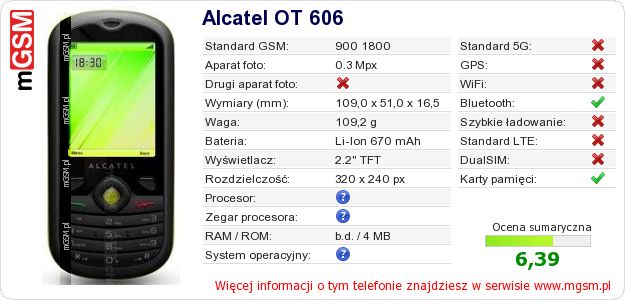 Dane telefonu Alcatel OT 606