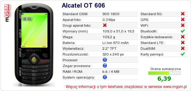Dane telefonu Alcatel OT 606