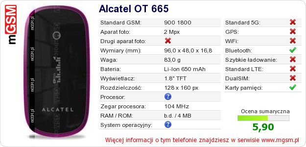 Dane telefonu Alcatel OT 665 Dane telefonu Alcatel OT 665
