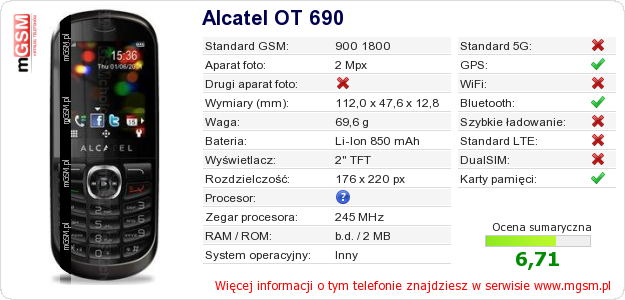 Dane telefonu Alcatel OT 690