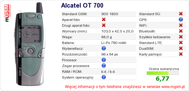 Dane telefonu Alcatel OT 700