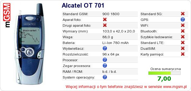 Dane telefonu Alcatel OT 701