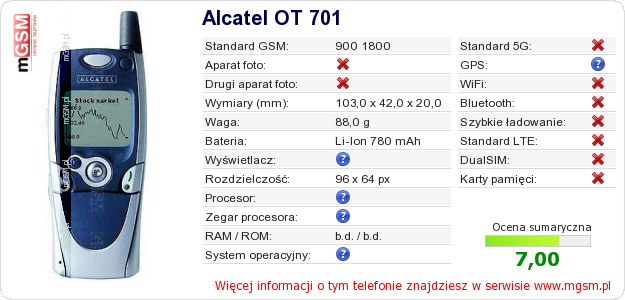 Dane telefonu Alcatel OT 701