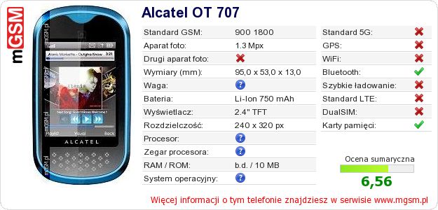 Dane telefonu Alcatel OT 707