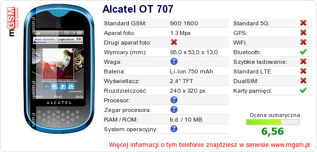 Dane telefonu Alcatel OT 707