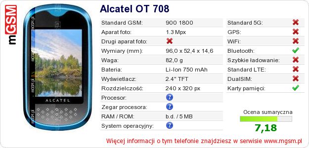 Dane telefonu Alcatel OT 708 Dane telefonu Alcatel OT 708