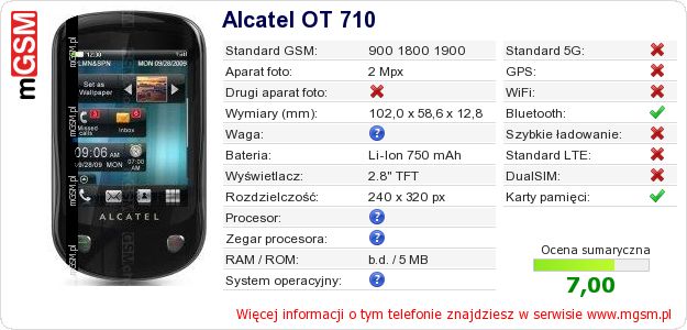 Dane telefonu Alcatel OT 710