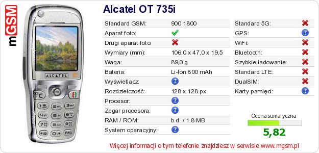Dane telefonu Alcatel OT 735i