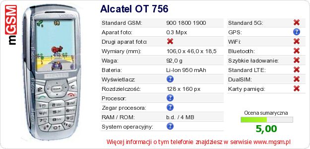 Dane telefonu Alcatel OT 756 Dane telefonu Alcatel OT 756