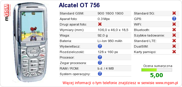 Dane telefonu Alcatel OT 756