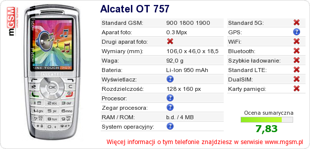 Dane telefonu Alcatel OT 757
