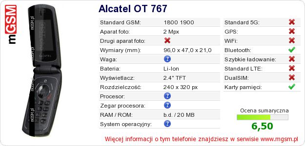 Dane telefonu Alcatel OT 767