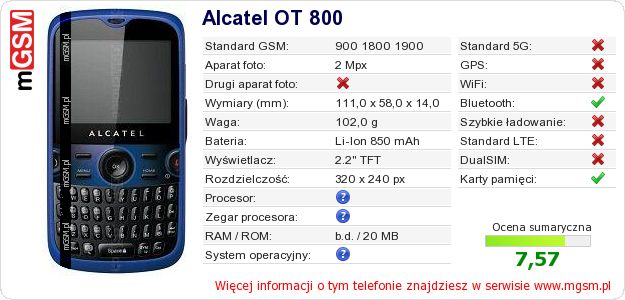 Dane telefonu Alcatel OT 800