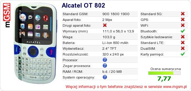 Dane telefonu Alcatel OT 802