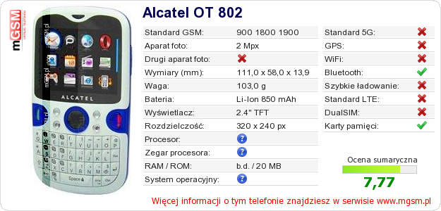 Dane telefonu Alcatel OT 802